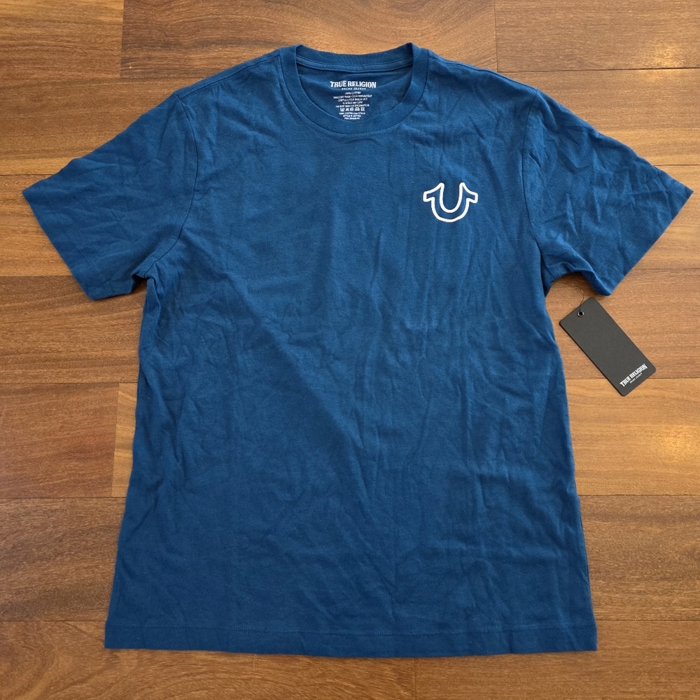 NWT True Religion Men’s Med Buddha World Crew Tee Poseidon Blue Double Sided